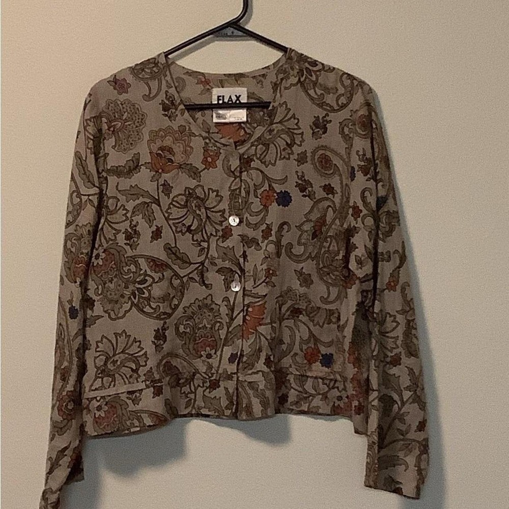 FLAX Linen Floral Button Front Cardigan Top Made in Lithuania Small